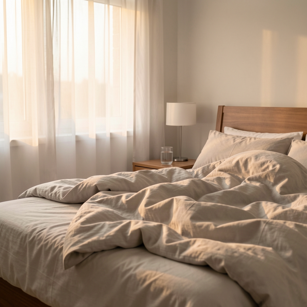 Bedroom at dawn with pale light entering through curtains, an unmade bed and a glass of water on a nightstand, representing recovery sleep and body weight