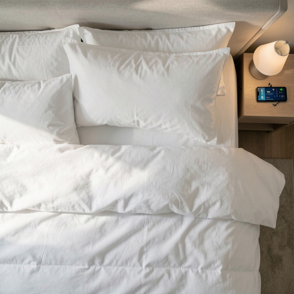 Top-down view of a neatly made bed in pale morning light with a bedside table holding a phone showing a sleep tracking app, representing the importance of consistent sleep schedule for weight management