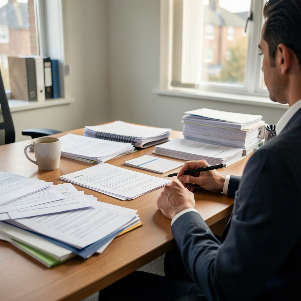 Office desk at 3pm with scattered papers, an empty coffee cup, and a person's hand reaching toward a biscuit tin, depicting afternoon energy slump and snacking